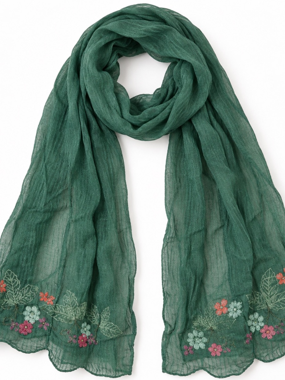 April Cornell Sheer Embroidered Floral Scarf Green Vintage Boho